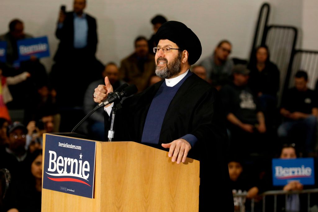 Imam Al-Hasan Qazwini from the Islamic Institute of America, speaks during a campaign rally for Democratic presidential hopeful Bernie Sanders