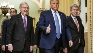 President Trump Meets With GOP Lawmakers On Capitol Hill On Coronavirus Plan