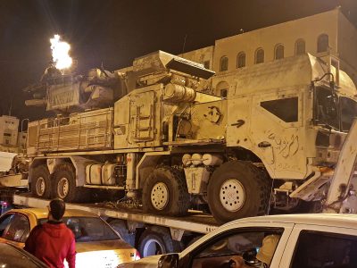 Forces loyal to Libya's UN-recognized GNA parade a Russian-made Pantsir air defense system truck