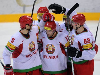 Belarus players celebrate their goal dur