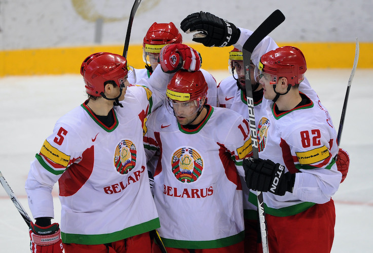 Belarus players celebrate their goal dur