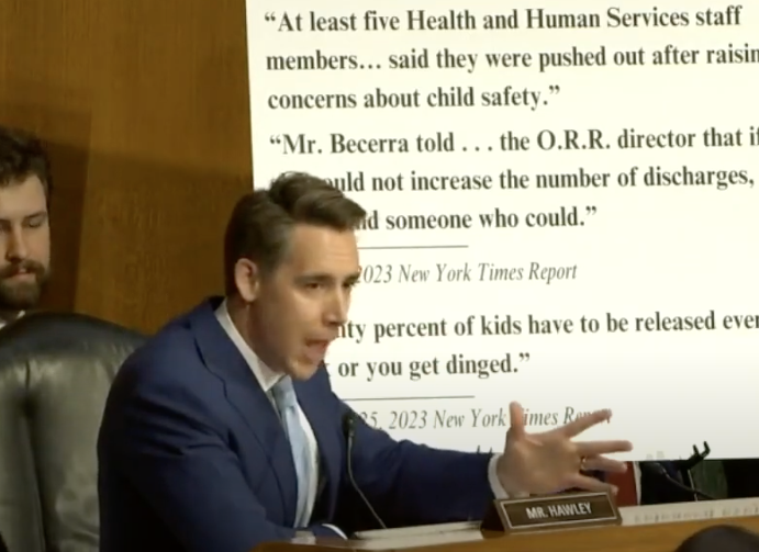 Hawley criticizes HHS for migrant child labor scandals.