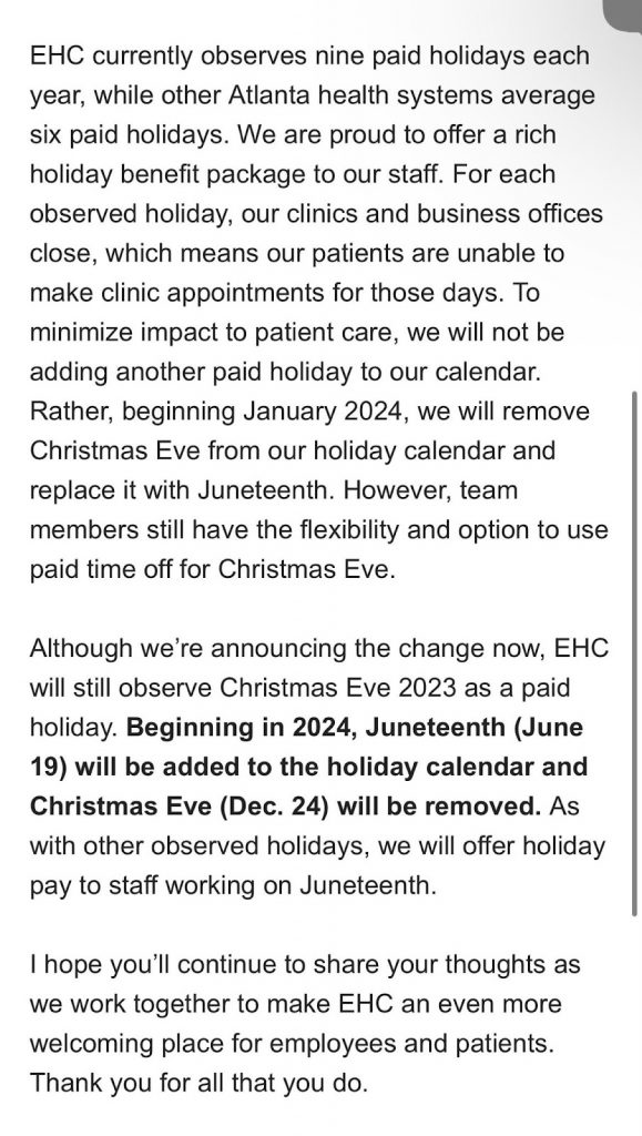 Emory Healthcare Replaces Christmas Eve With on Paid Holiday