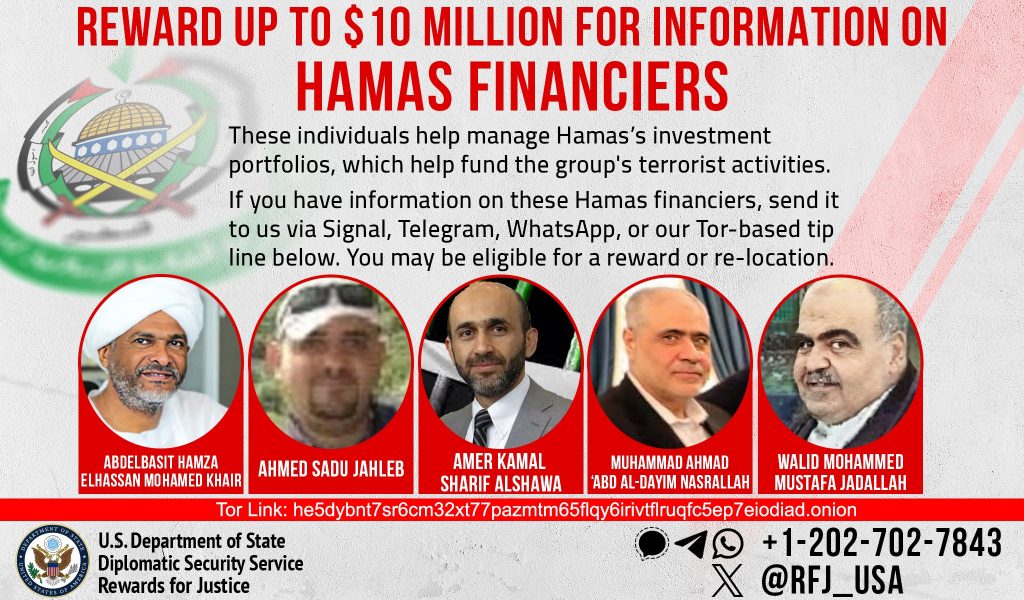 US Posts $10 Million Bounty for Hamas Financiers