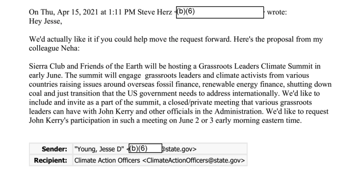 Sierra Club senior attorney emails SPEC adviser Jesse Young an invitation for John Kerry to attend a private discussion with environmental groups.