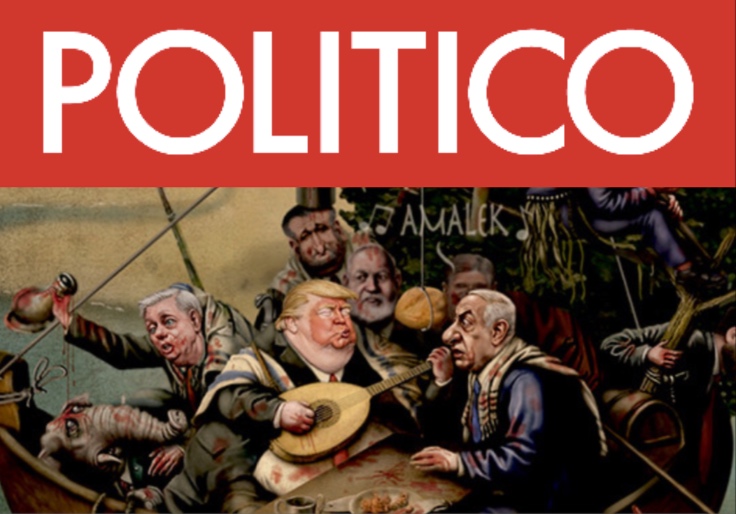 Politico Publishes Cartoon Depicting Trump, Republicans Wearing Blood-Covered Jewish Prayer Shawls, Yarmulkes Amid Bags of Money